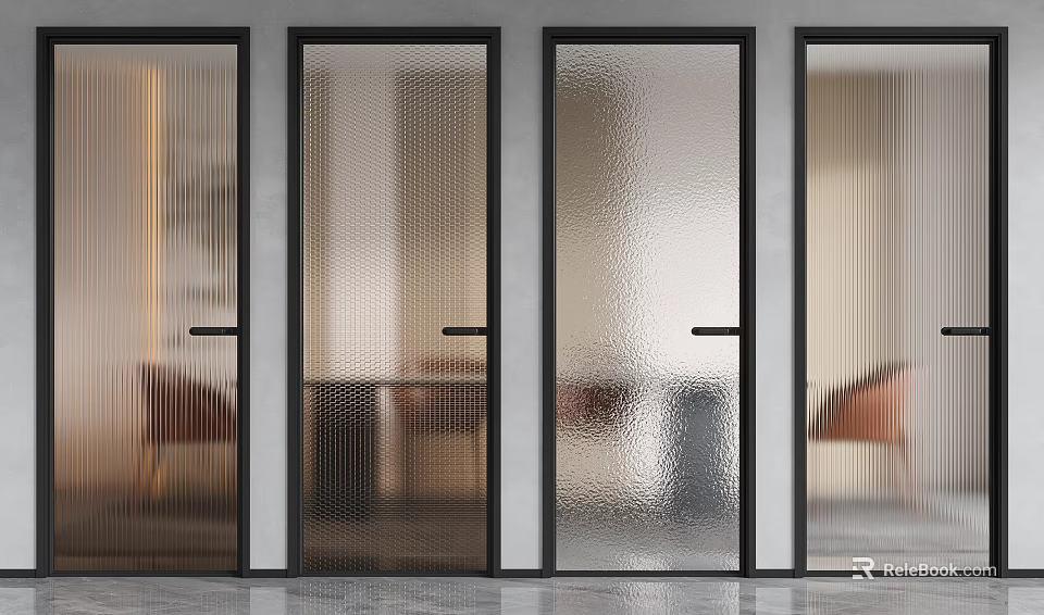 Sleek Black Framed Hinged Doors With Frosted Glass For Modern Interior Spaces 3d model 