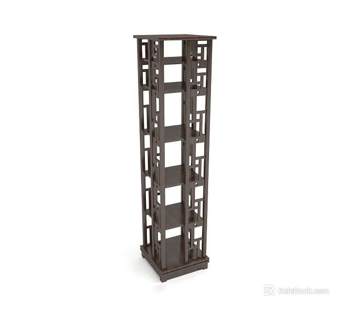 Tall Dark Brown Wooden Bookcase With Multi Tiered Open Shelves And Geometric Cutout Design 3d model 