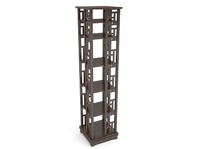 Tall Dark Brown Wooden Bookcase With Multi Tiered Open Shelves And Geometric Cutout Design 3d model