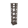 Tall Dark Brown Wooden Bookcase With Multi Tiered Open Shelves And Geometric Cutout Design