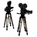 Projection Monitoring System with Two Vintage Film Cameras on Black and Orange Tripods