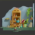 Cartoon Scene With Orange Bookshelf Green Plants Round Window Wooden Table Blue Rug And Steps