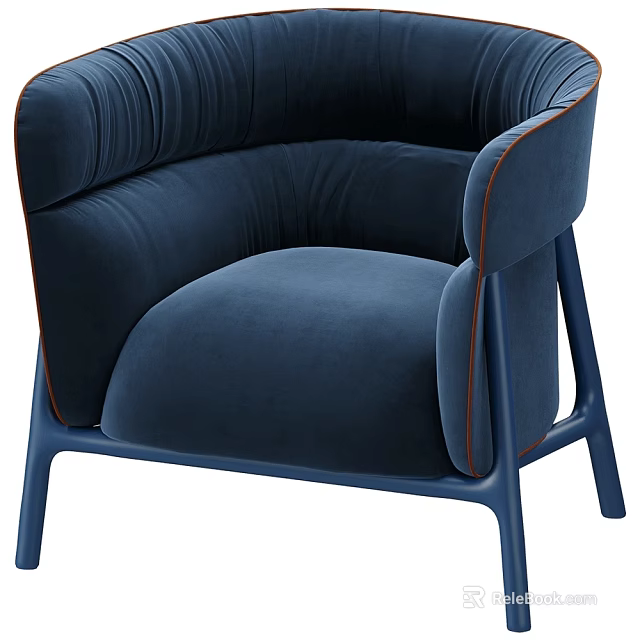 Deep Blue Velvet Lounge Chair With Curved Armrest And Blue Leg Stitching Details 3d model 