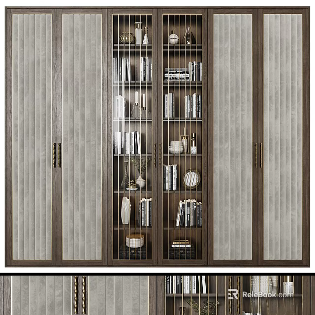 Modern Wooden Display Cabinet With Vertical Striped Doors And Open Shelves Holding Books And Decor Items 3d model 