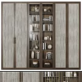 Modern Wooden Display Cabinet With Vertical Striped Doors And Open Shelves Holding Books And Decor Items