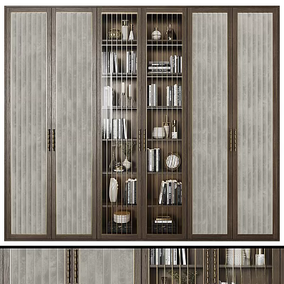 Modern Wooden Display Cabinet With Vertical Striped Doors And Open Shelves Holding Books And Decor Items 3d model