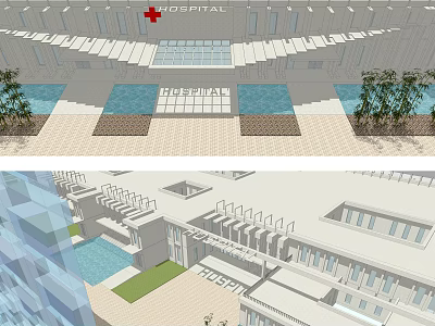 Modern Hospital Building Exterior With Red Cross Sign Water Pools And Greenery 3d model