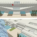 Modern Hospital Building Exterior With Red Cross Sign Water Pools And Greenery