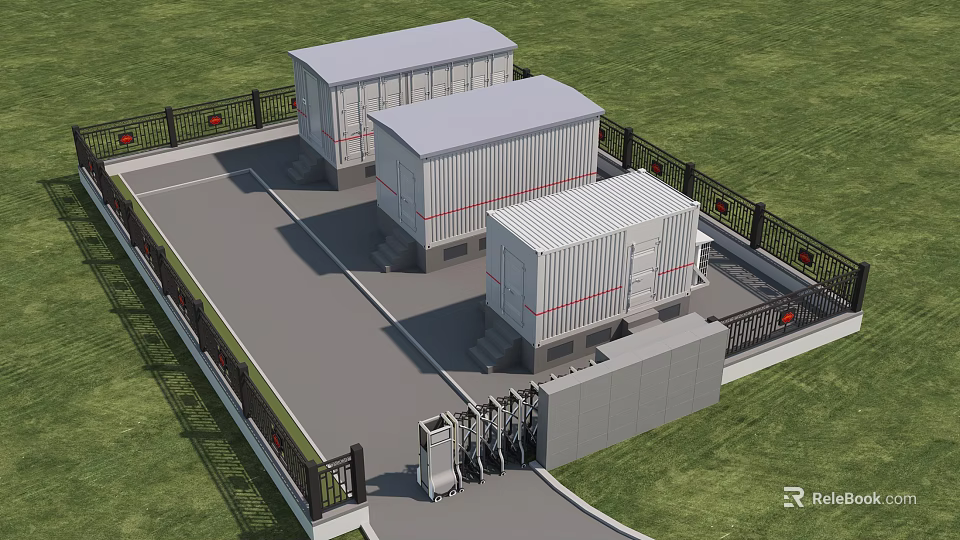 Aerial View Planning of Container Style Buildings with Fence Gate and Paved Grassland Area 3d model 