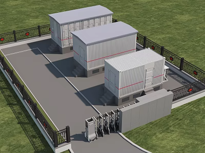 Aerial View Planning of Container Style Buildings with Fence Gate and Paved Grassland Area 3d model