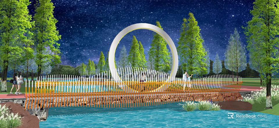 Circular Landscape Bridge with Starry Sky Background Green Trees and Water Surface 3d model