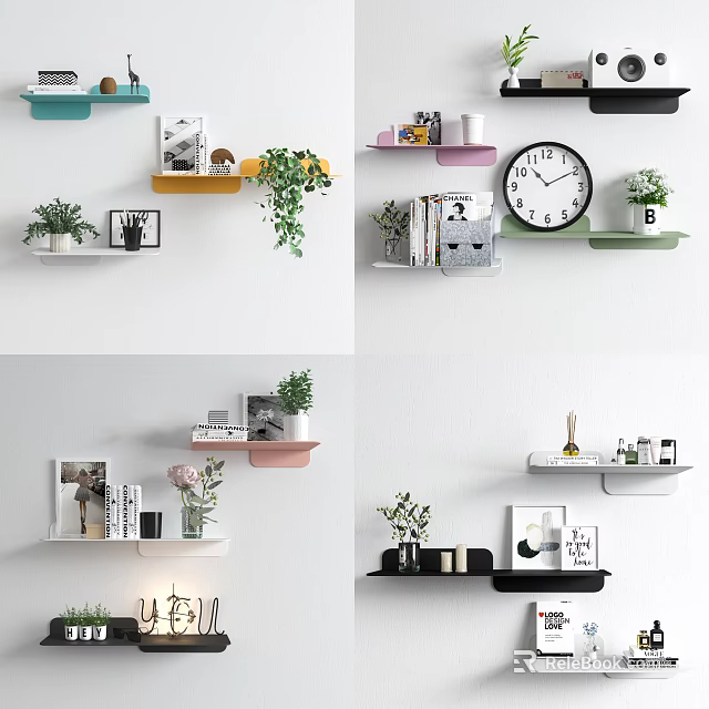 Wall Cabinets and Floating Shelves in Modern Home with Decorative Plants and Books 3d model 