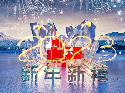 2023 New Year Celebration Scene With Red Gift Box Fireworks Crystal Structures And Snowy Mountains 3d model