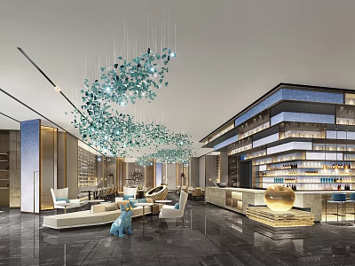 Modern Elegant Restaurant Interior With Glass Chandelier Bar Counter Marble Accents And Blue Decorations 3d model