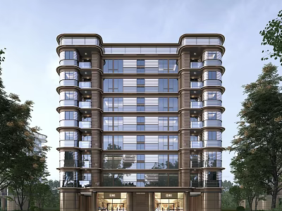 Modern Multi Story Building Exterior Design With Glass Windows And Surrounding Trees 3d model