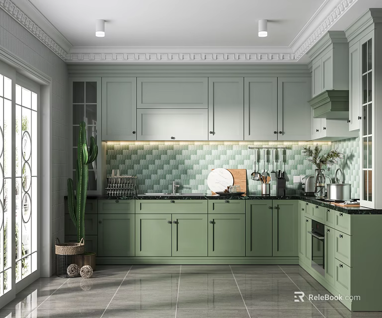 Light Green Kitchen Interior Design With Tiled Backsplash Decorative Window And Cactus Plant 3d model 
