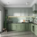 Light Green Kitchen Interior Design With Tiled Backsplash Decorative Window And Cactus Plant