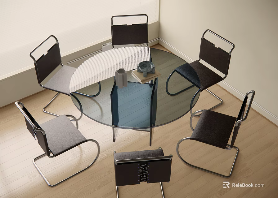 Modern Round Glass Dining Table Set With Six Metal Chairs Gray Cushions Wooden Floor 3d model 