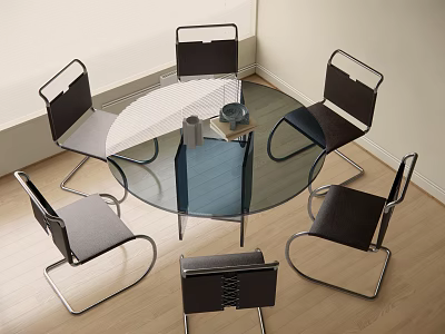 Modern Round Glass Dining Table Set With Six Metal Chairs Gray Cushions Wooden Floor 3d model