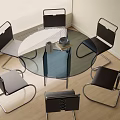 Modern Round Glass Dining Table Set With Six Metal Chairs Gray Cushions Wooden Floor