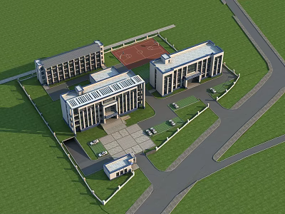 Campus Building Complex With Basketball Court Green Lawn And Central Square 3d model