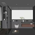 Modern Bathroom Interior With Round Mirror Wall Mounted Vanity Green Plant And Marble Floor
