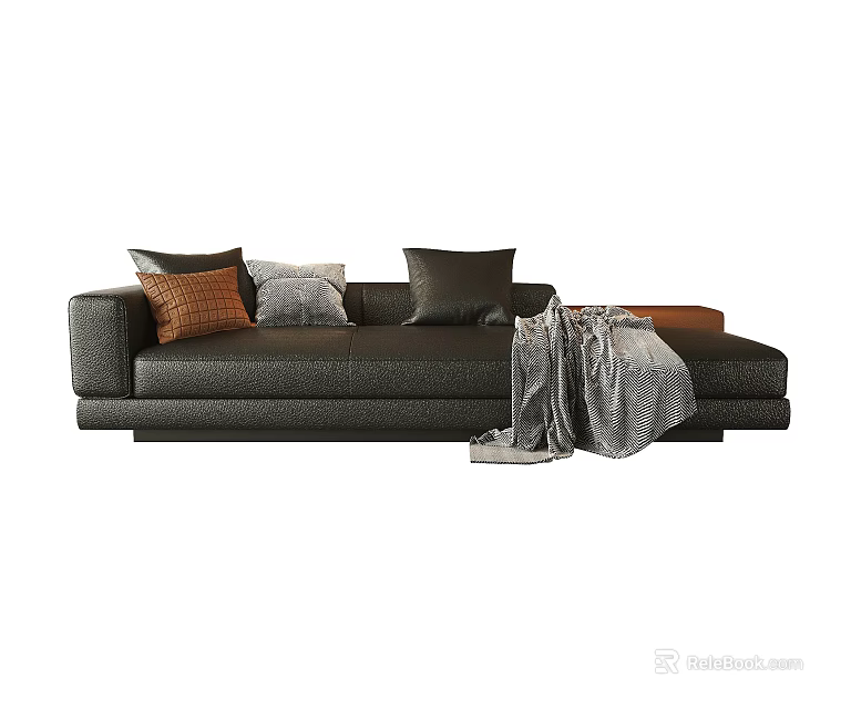 Modern Black Sectional Sofa With Decorative Pillows And Soft Throw Blanket 3d model 