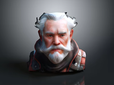 Detailed 3D Head Sculpture Of Man With White Hair Beard And Leather Outfit 3d model