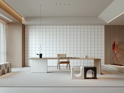 Minimalist Tea Room Interior With Long Table Carpet And Sculpture 3d model
