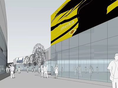 Modern Commercial Street With Glass Facades Billboards Trees And Pedestrians 3d model
