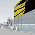 Modern Commercial Street With Glass Facades Billboards Trees And Pedestrians