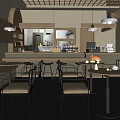 Modern Café Interior With Wooden Lattice Ceiling Hanging Lights Bar Counter And Tables Chairs