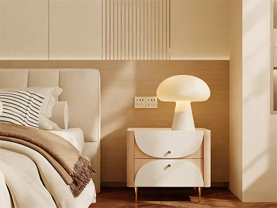 Modern Bedside Table with Curved Drawers Gold Legs and Mushroom Lamp in Cozy Bedroom 3d model