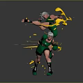 Two Dynamic Characters In Green Outfits Performing Fighting Action With Yellow Energy Effects