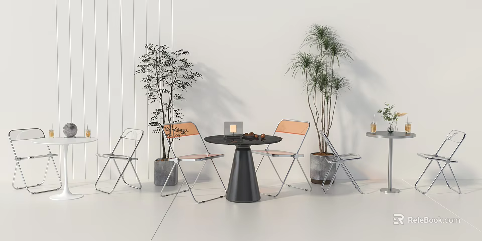 Modern Table And Chairs Set With Potted Plants In White Interior 3d model