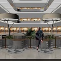 Public Chairs In Mall Interior With Umbrella Structures Plants And Tiled Floor