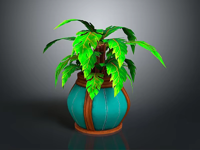 Cartoon Scene With Lush Green Plant In Blue Pot Featuring Brown Decorative Accents 3d model