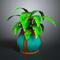 Cartoon Scene With Lush Green Plant In Blue Pot Featuring Brown Decorative Accents