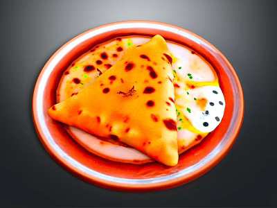 Golden Brown Stuffed Flatbread With Charred Spots On Red Ceramic Plate 3d model