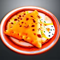 Golden Brown Stuffed Flatbread With Charred Spots On Red Ceramic Plate