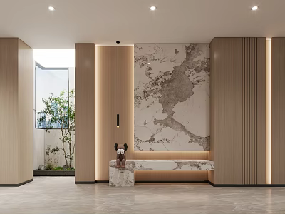 Modern Minimalist Foyer Hallway With Wooden Panels Marble Bench And Greenery 3d model