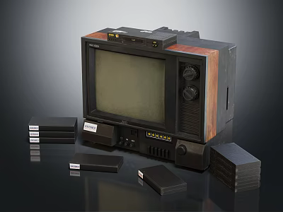 Vintage Classic Television With Black VHS Tapes And Wooden Frame Design 3d model