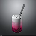 Refreshing Pink And White Gradient Beverage In Glass With Ice Cubes Straw And Black Pearls