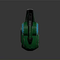 Futuristic Green Motorcycle with Large Wheels Blue Glowing Rings and Yellow Black Stripes