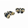 Vintage Black And Gold Binoculars With Leather Wrapped Body And Metal Optic Lenses