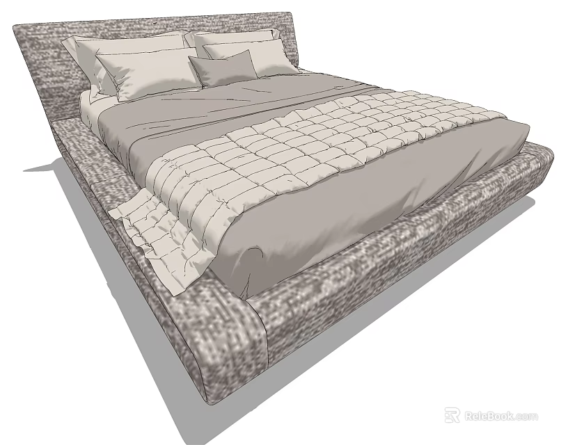 Modern Double Bed With Patterned Frame Plaid Quilt And Pillows 3d model