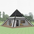 Scenic Lakefront A frame Cabin with Solar Panels Wooden Deck and Yellow Chairs
