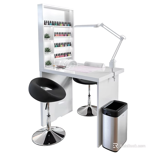 Modern Vanity Table With Nail Polish Rack Adjustable Lamp Black Stools And Small Plants 3d model 