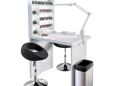 Modern Vanity Table With Nail Polish Rack Adjustable Lamp Black Stools And Small Plants 3d model