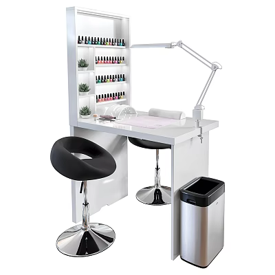 Modern Vanity Table With Nail Polish Rack Adjustable Lamp Black Stools And Small Plants 3d model